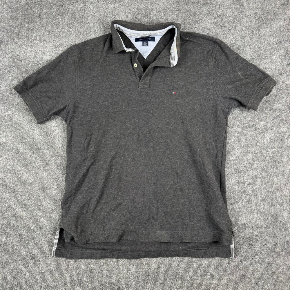 Tommy Hilfiger Polo Mens Size L Gray Short Sleeve Classic Fit Flag Logo Stains